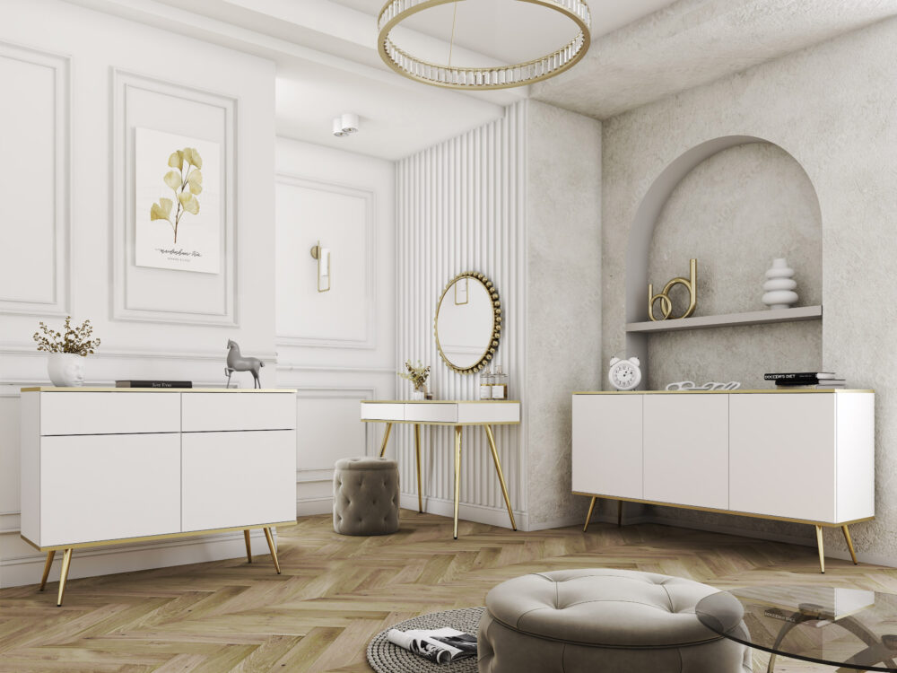 TV-Lowboard Banff RTV135 - Weiß - Goldene Beine - Breite 135 cm, Höhe 53 cm, Tiefe 32 cm – Bild 4