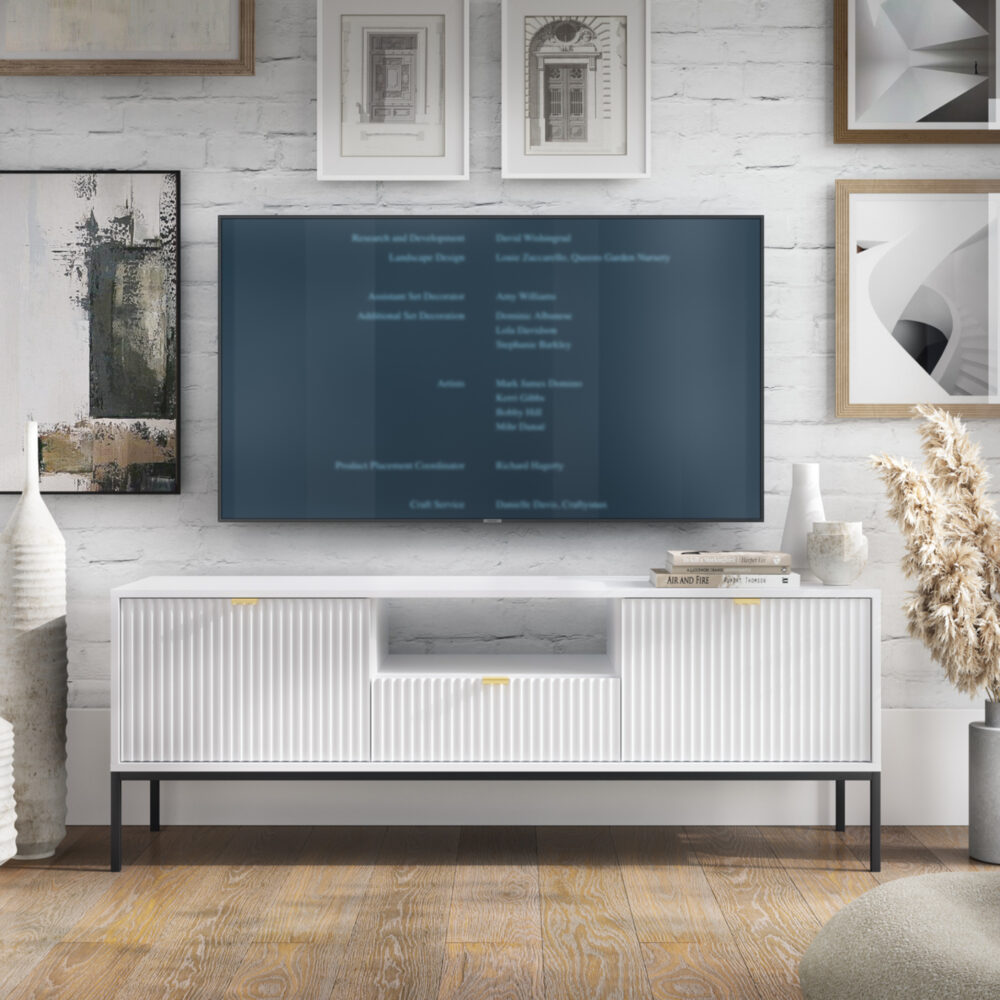 TV-Lowboard NANAIMO - Weiß - Goldene Griffe - Breite 154 cm, Höhe 56 cm, Tiefe 39 cm – Bild 2