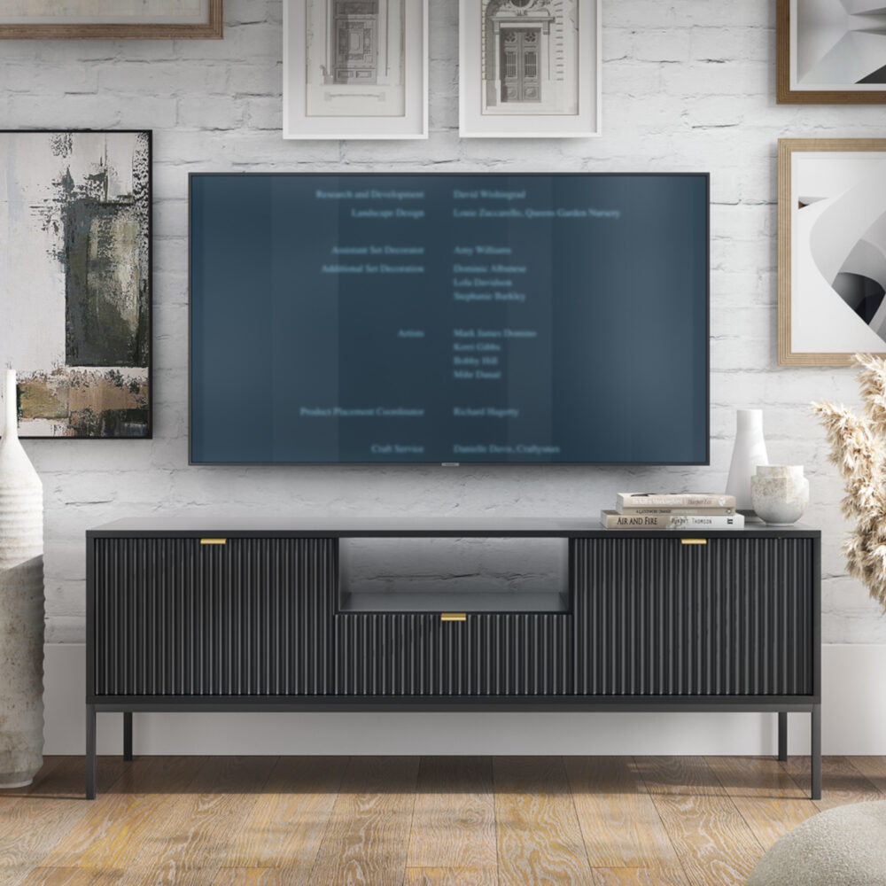 TV-Lowboard NANAIMO - Schwarz - Goldene Griffe - Breite 154 cm, Höhe 56 cm, Tiefe 39 cm – Bild 2