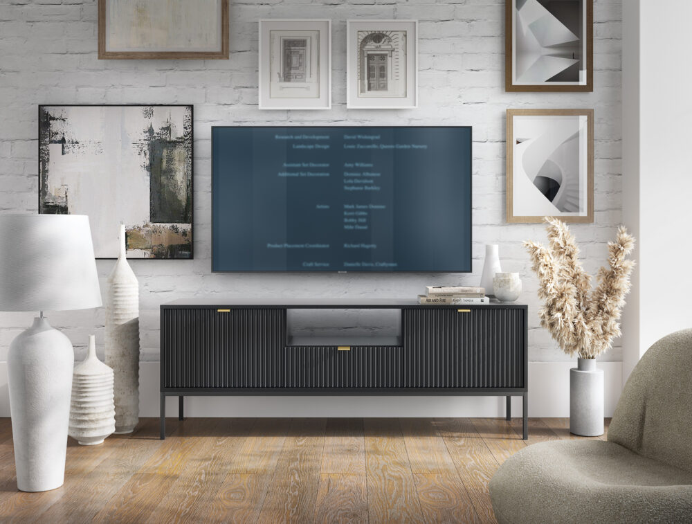 TV-Lowboard NANAIMO - Schwarz - Goldene Griffe - Breite 154 cm, Höhe 56 cm, Tiefe 39 cm – Bild 7