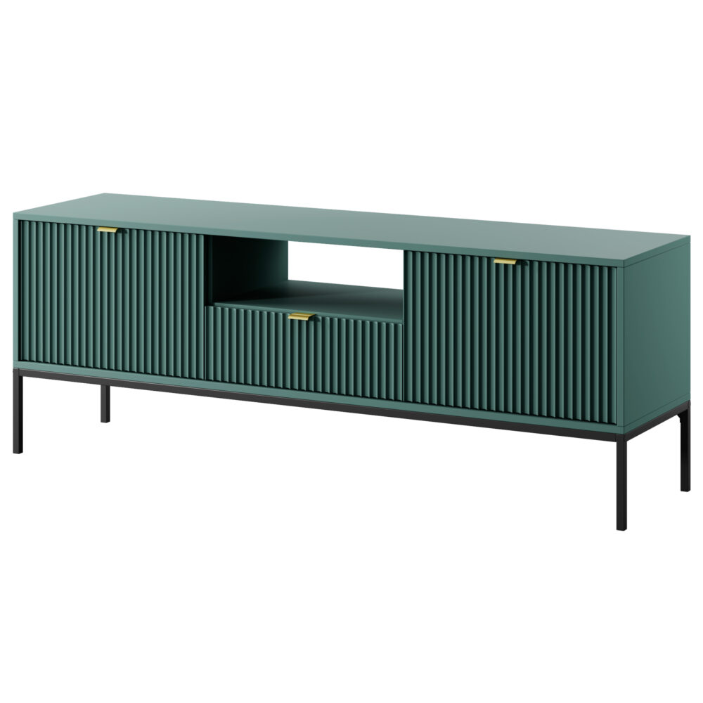 TV-Lowboard NANAIMO - Grün - Goldene Griffe - Breite 154 cm, Höhe 56 cm, Tiefe 39 cm