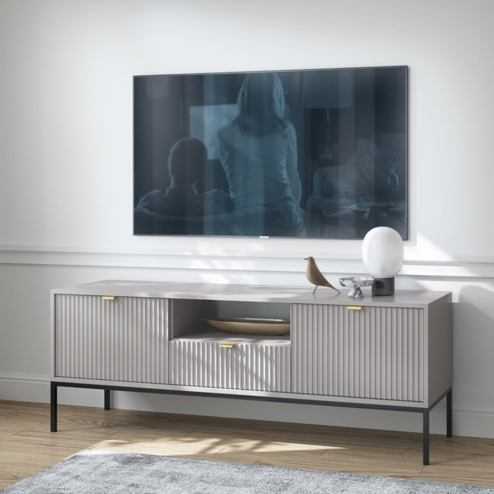 TV-Lowboard NANAIMO - Grau - Goldene Griffe - Breite 154 cm, Höhe 56 cm, Tiefe 39 cm – Bild 2