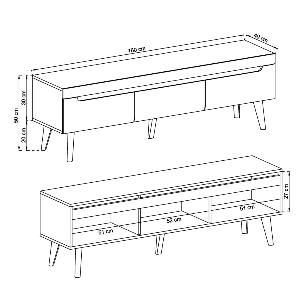 TV-Lowboard SUDBURRY RTV160 - Weiß - Hochglanzfront - 3 Schubladen - Breite 160 cm, Höhe 50 cm, Tiefe 40 cm – Bild 3
