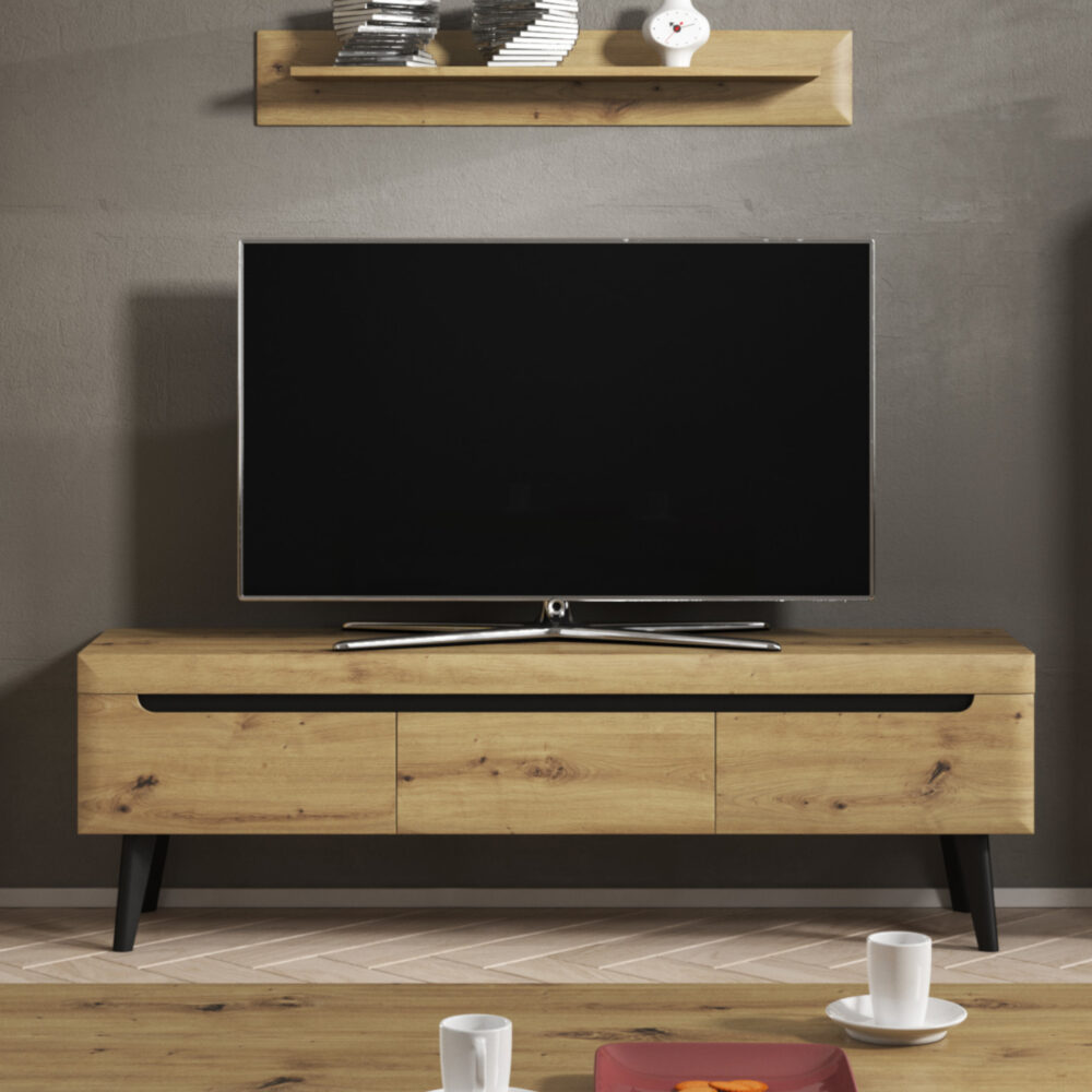 TV-Lowboard SUDBURRY RTV160 - Eiche - Schwarze Akzente - 3 Schubladen - Breite 160 cm, Höhe 50 cm, Tiefe 40 cm – Bild 2