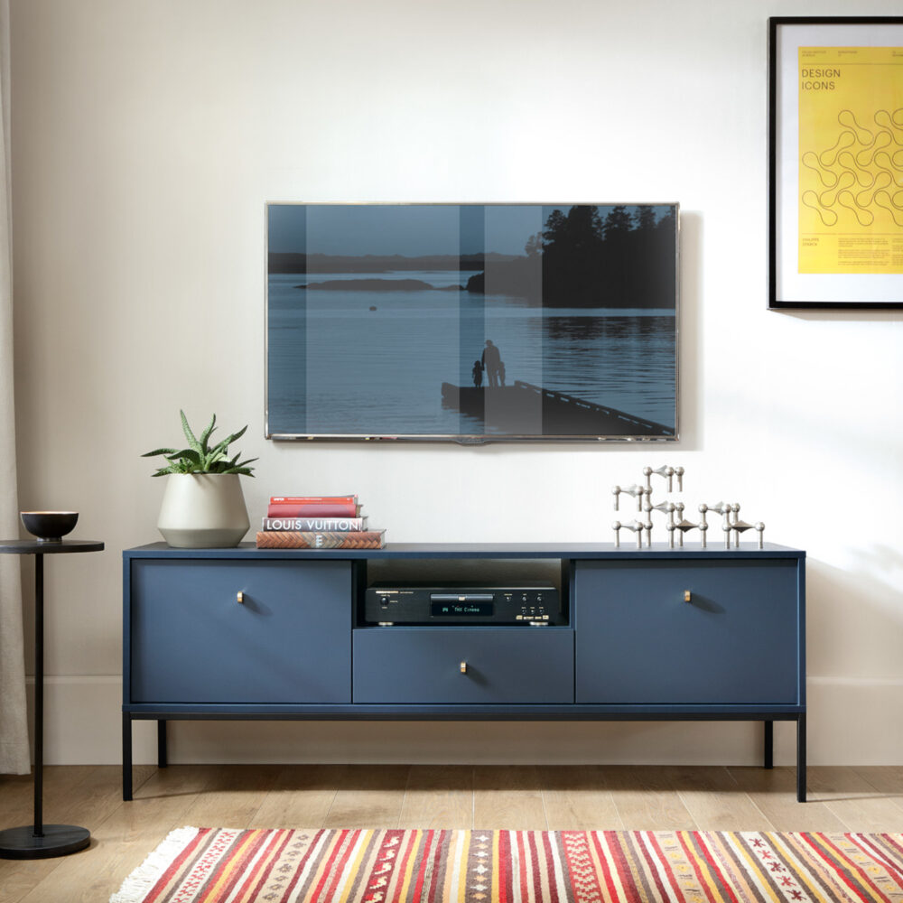 TV-Lowboard MONCTON - Dunkelblau - Metallgriffe - Breite 154 cm, Höhe 56 cm, Tiefe 39 cm – Bild 2