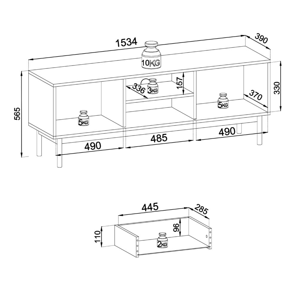 TV-Lowboard DIEPPE - Kaschmir - Metallgriffe - Holzbeine - Breite 154 cm, Höhe 56 cm, Tiefe 39 cm – Bild 3