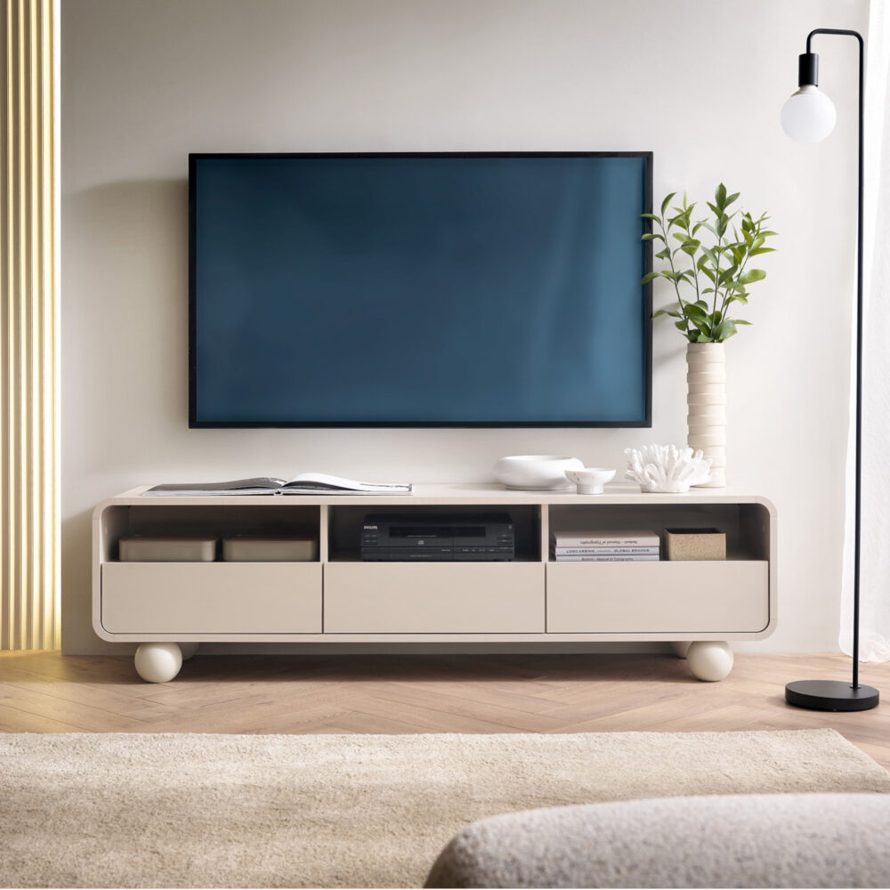 TV-Lowboard KAMLOOPS - Kaschmir - Abgerundet - 3 Schubladen - Breite 160 cm, Höhe 44 cm, Tiefe 39 cm – Bild 1