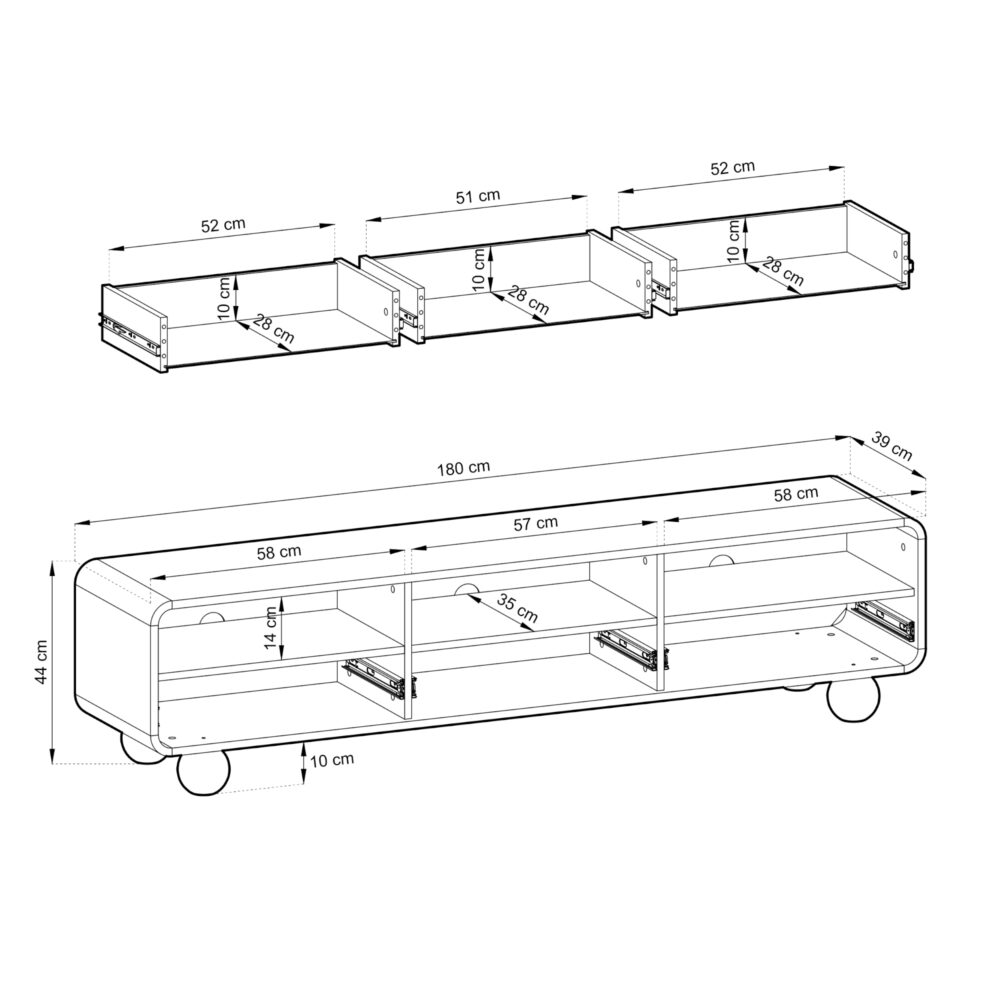 TV-Lowboard KAMLOOPS - Kaschmir - Abgerundet - 3 Schubladen - Breite 180 cm, Höhe 44 cm, Tiefe 39 cm – Bild 3