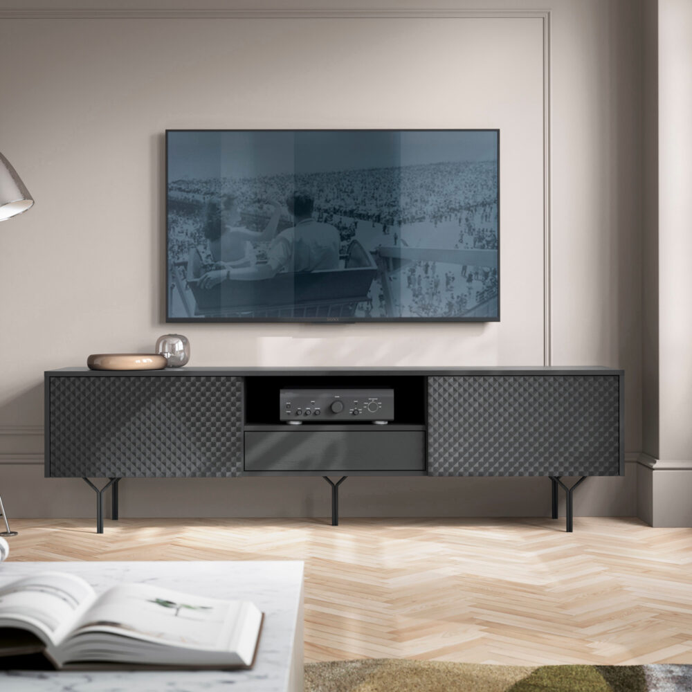 TV-Lowboard ORILLIA - Schwarz - Gefräste Fronten - 1 Schublade - Breite 180 cm, Höhe 51 cm, Tiefe 38 cm – Bild 2