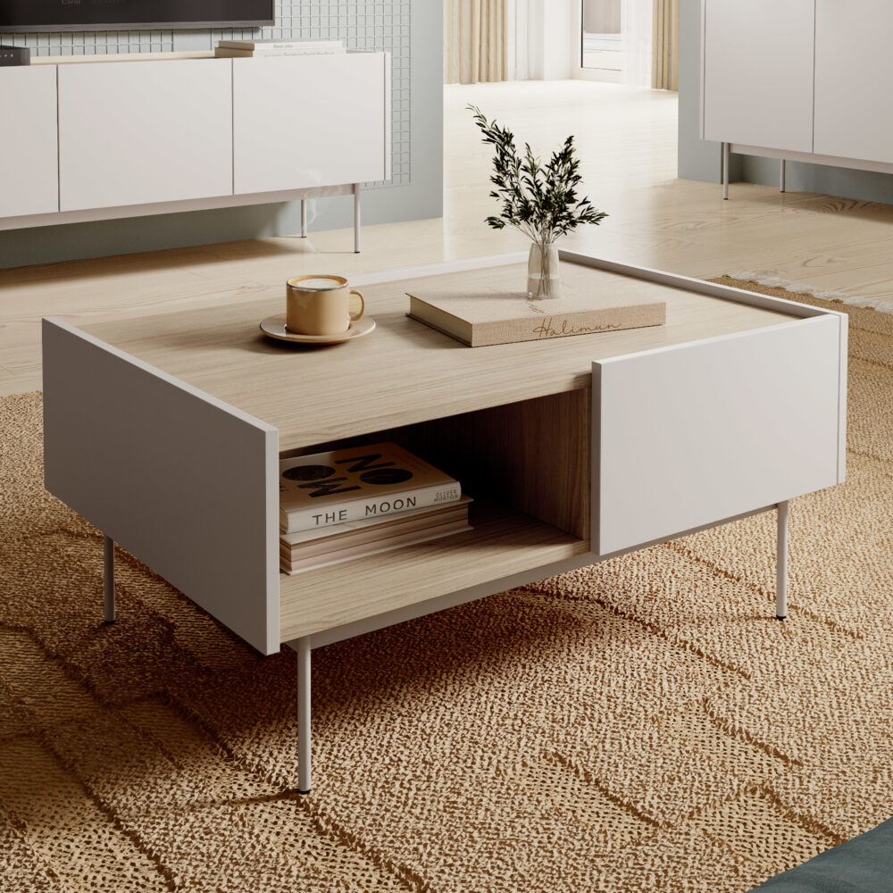 Couchtisch Kelowna - Kaschmir / Eiche - 2 Schubladen - Breite 97 cm, Höhe 45 cm, Tiefe 65 cm – Bild 2