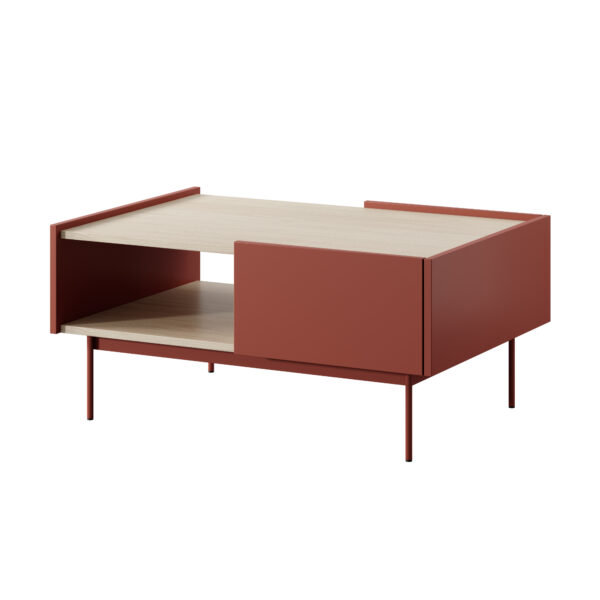 Couchtisch Kelowna - Rot / Eiche - 2 Schubladen - Breite 97 cm, Höhe 45 cm, Tiefe 65 cm