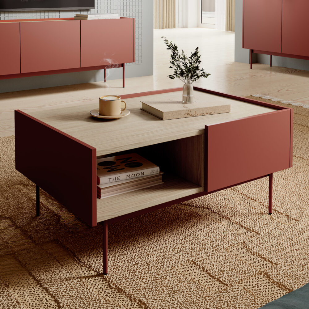 Couchtisch Kelowna - Rot / Eiche - 2 Schubladen - Breite 97 cm, Höhe 45 cm, Tiefe 65 cm – Bild 2