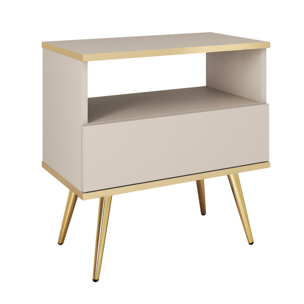 Nachttisch Banff S54 - Beige - Goldene Akzente - 1 Schublade - Breite 54 cm, Höhe 59 cm, Tiefe 39 cm – Bild 1
