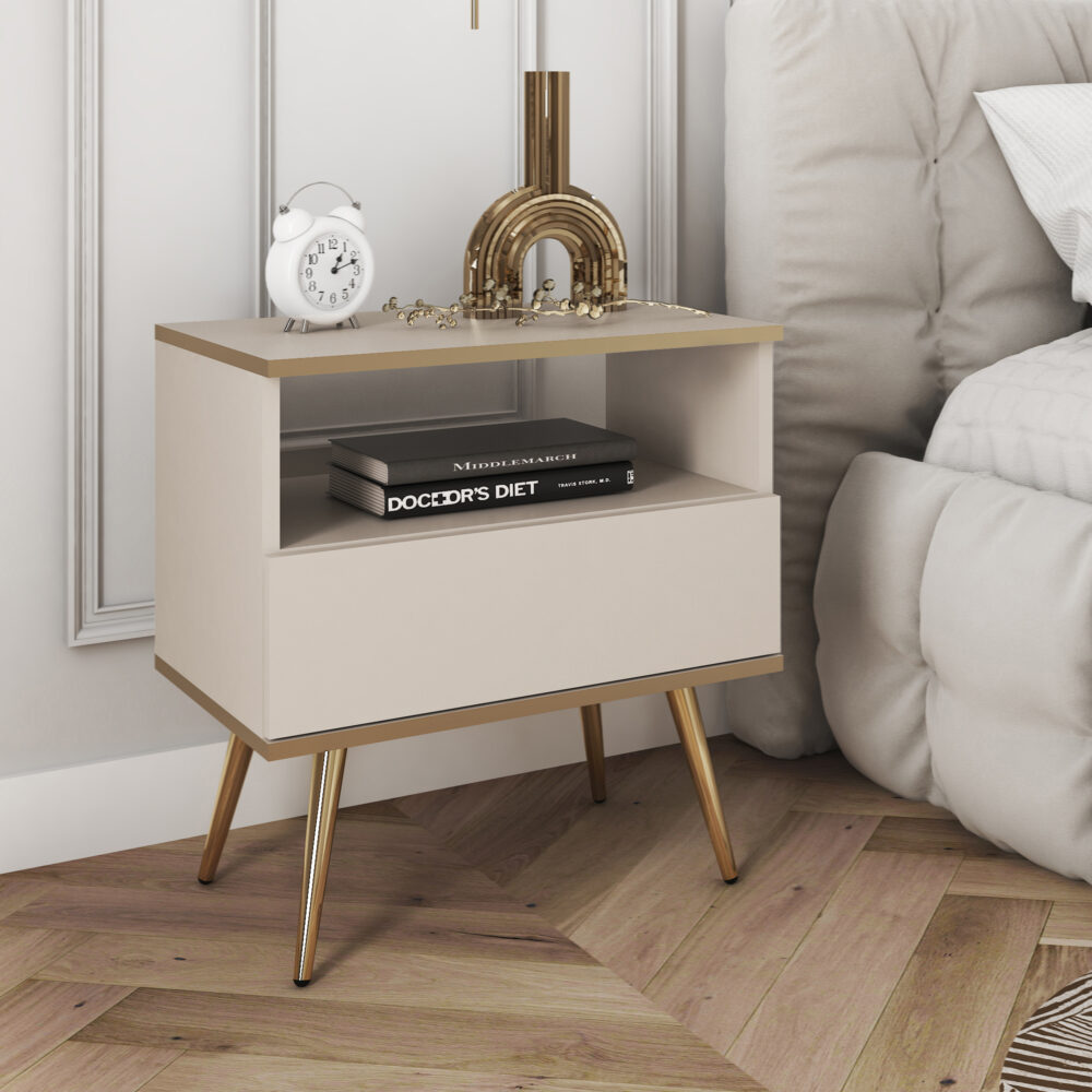 Nachttisch Banff S54 - Beige - Goldene Akzente - 1 Schublade - Breite 54 cm, Höhe 59 cm, Tiefe 39 cm – Bild 2