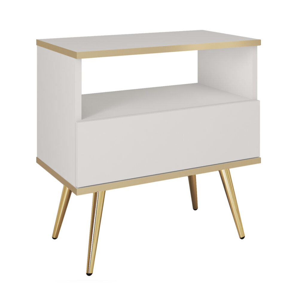 Nachttisch Banff S54 - Weiß - Goldene Akzente - 1 Schublade - Breite 54 cm, Höhe 59 cm, Tiefe 39 cm