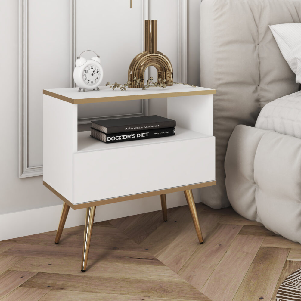 Nachttisch Banff S54 - Weiß - Goldene Akzente - 1 Schublade - Breite 54 cm, Höhe 59 cm, Tiefe 39 cm – Bild 2