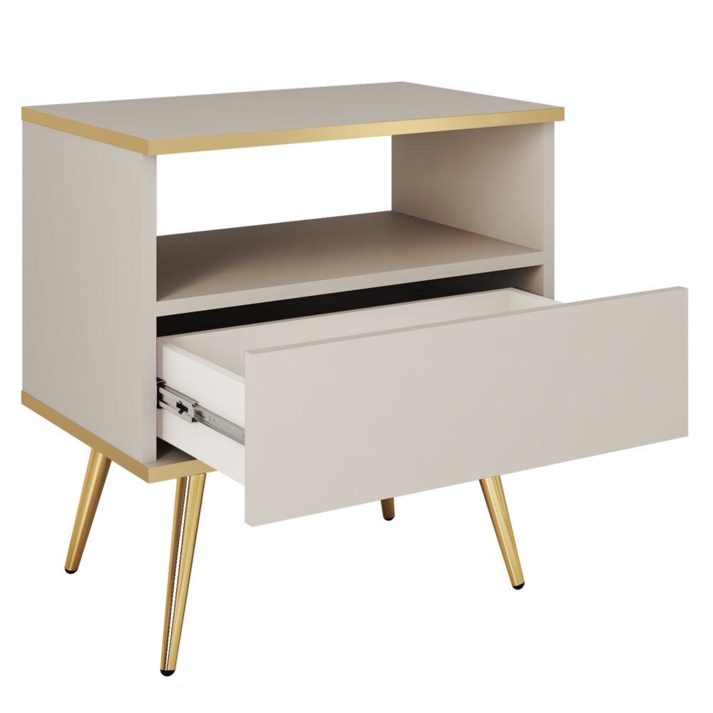 Nachttisch Banff S54 - Weiß - Goldene Akzente - 1 Schublade - Breite 54 cm, Höhe 59 cm, Tiefe 39 cm – Bild 4