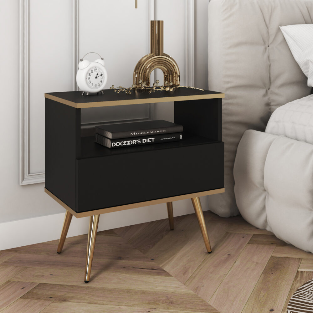Nachttisch Banff S54 - Schwarz - Goldene Akzente - 1 Schublade - Breite 54 cm, Höhe 59 cm, Tiefe 39 cm – Bild 2