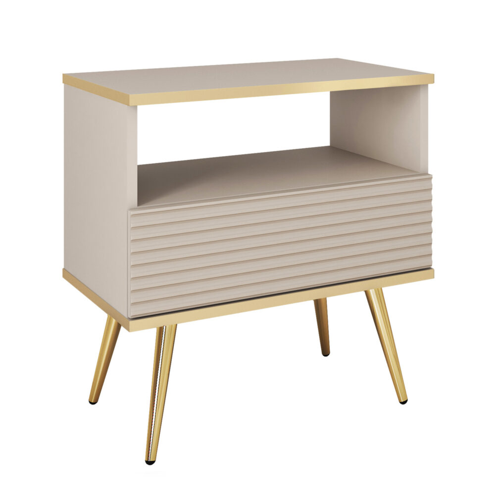 Nachttisch Banff S54 MDF - Beige - Geriffelte Fronten - 1 Schublade - Breite 54 cm, Höhe 59 cm, Tiefe 39 cm
