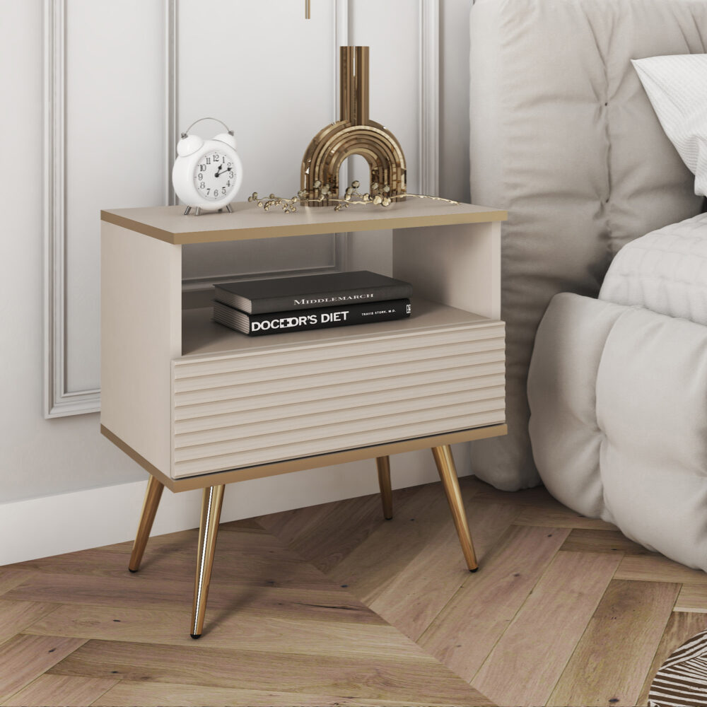 Nachttisch Banff S54 MDF - Beige - Geriffelte Fronten - 1 Schublade - Breite 54 cm, Höhe 59 cm, Tiefe 39 cm – Bild 2