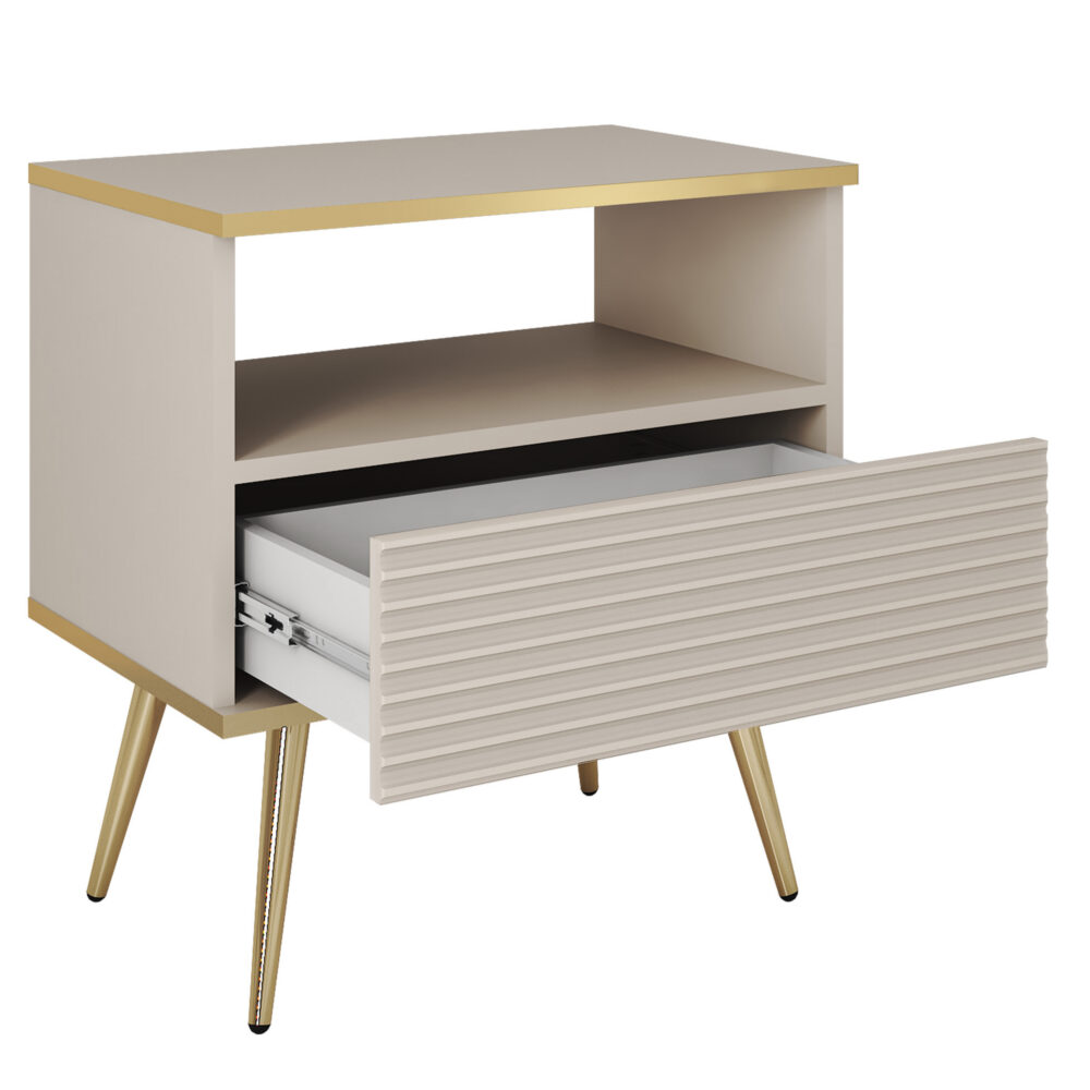 Nachttisch Banff S54 MDF - Beige - Geriffelte Fronten - 1 Schublade - Breite 54 cm, Höhe 59 cm, Tiefe 39 cm – Bild 4