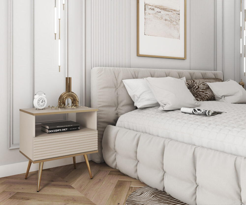 Nachttisch Banff S54 MDF - Beige - Geriffelte Fronten - 1 Schublade - Breite 54 cm, Höhe 59 cm, Tiefe 39 cm – Bild 6