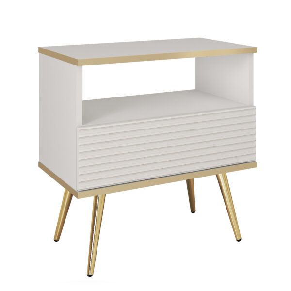 Nachttisch Banff S54 MDF - Weiß - Geriffelte Fronten - 1 Schublade - Breite 54 cm, Höhe 59 cm, Tiefe 39 cm