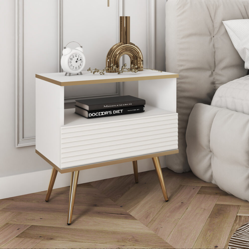 Nachttisch Banff S54 MDF - Weiß - Geriffelte Fronten - 1 Schublade - Breite 54 cm, Höhe 59 cm, Tiefe 39 cm – Bild 2