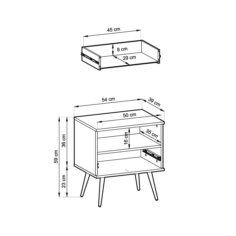 Nachttisch Banff S54 MDF - Schwarz - Geriffelte Fronten - 1 Schublade - Breite 54 cm, Höhe 59 cm, Tiefe 39 cm – Bild 3