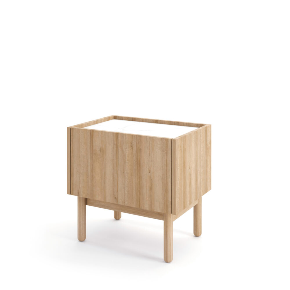 Nachttisch Revelstoke S50 - Eiche - Weißer Marmor - Holzbeine - Matt - Breite 58 cm, Höhe 48 cm, Tiefe 37 cm