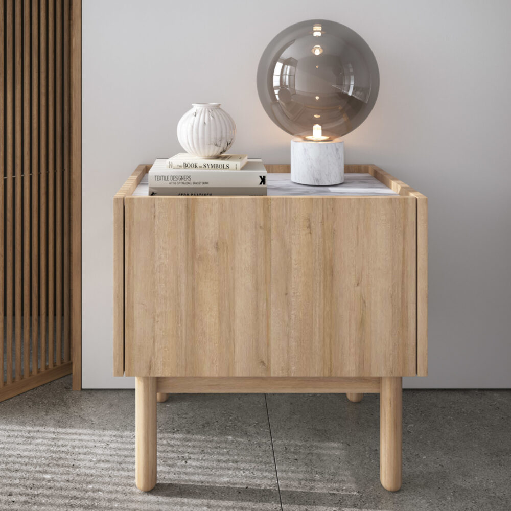 Nachttisch Revelstoke S50 - Eiche - Weißer Marmor - Holzbeine - Matt - Breite 58 cm, Höhe 48 cm, Tiefe 37 cm – Bild 2