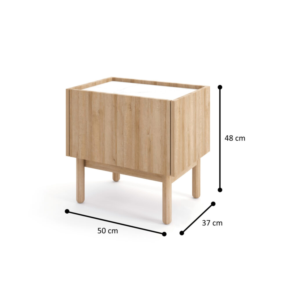 Nachttisch Revelstoke S50 - Eiche - Weißer Marmor - Holzbeine - Matt - Breite 58 cm, Höhe 48 cm, Tiefe 37 cm – Bild 3