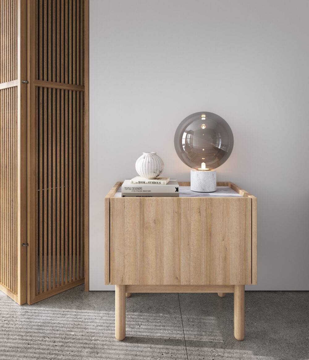 Nachttisch Revelstoke S50 - Eiche - Weißer Marmor - Holzbeine - Matt - Breite 58 cm, Höhe 48 cm, Tiefe 37 cm – Bild 6