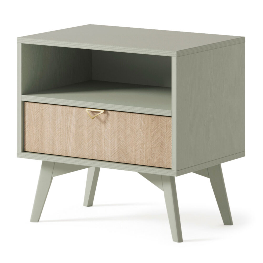 Nachttisch TOFINO - Eiche - Grün - Metallgriffe - 1 Schublade - Breite 54 cm, Höhe 54 cm, Tiefe 38 cm