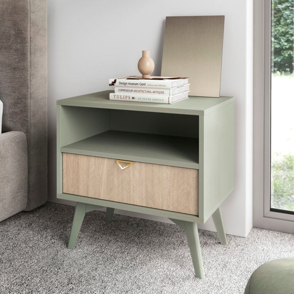 Nachttisch TOFINO - Eiche - Grün - Metallgriffe - 1 Schublade - Breite 54 cm, Höhe 54 cm, Tiefe 38 cm – Bild 2