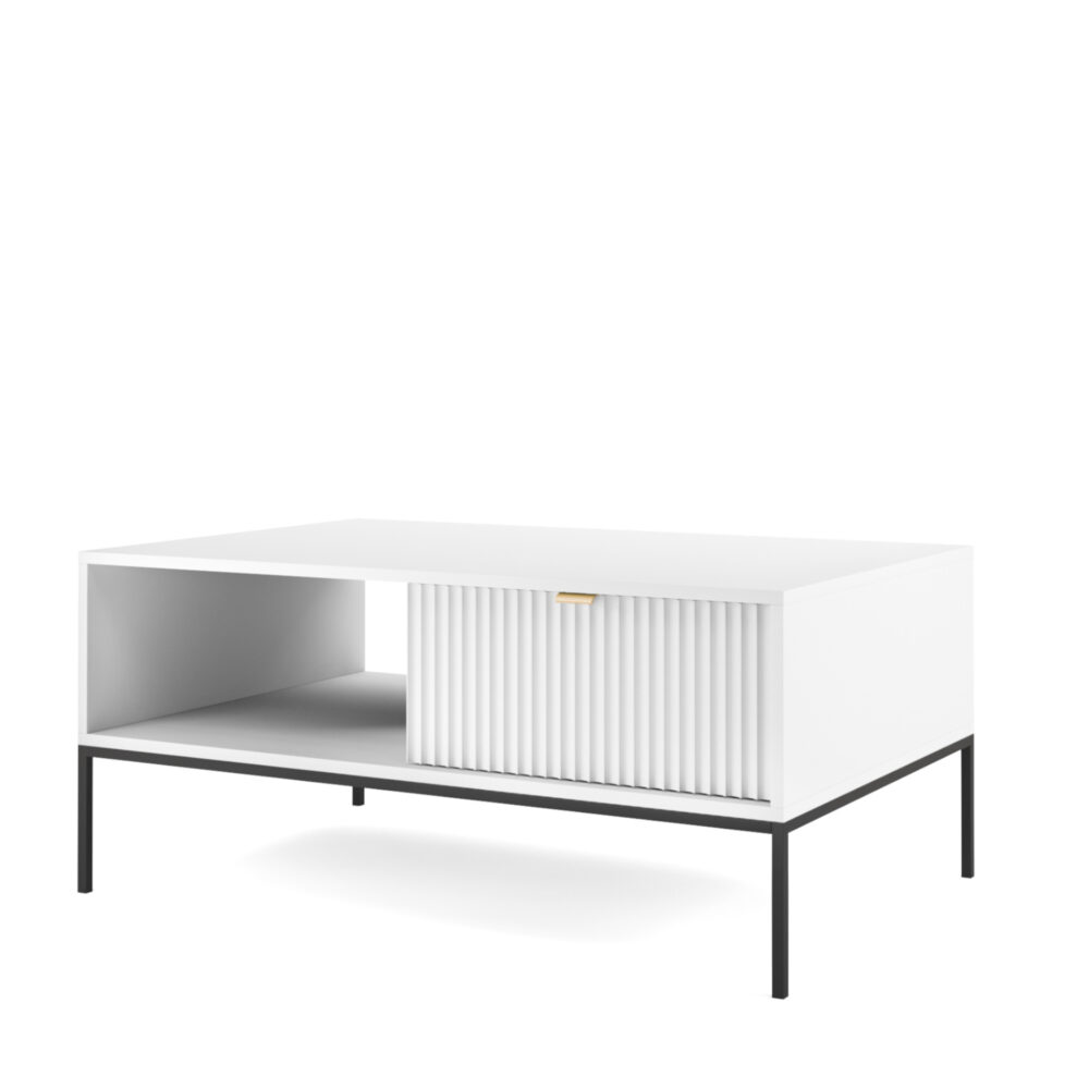 Couchtisch NANAIMO - Weiß - Goldene Griffe - 1 Schublade - Breite 104 cm, Höhe 48 cm, Tiefe 68 cm – Bild 1