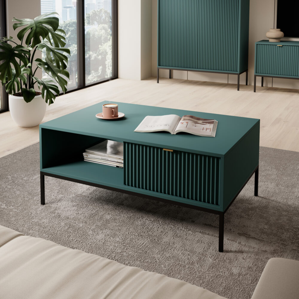 Couchtisch NANAIMO - Grün - Goldene Griffe - 1 Schublade - Breite 104 cm, Höhe 48 cm, Tiefe 68 cm – Bild 2