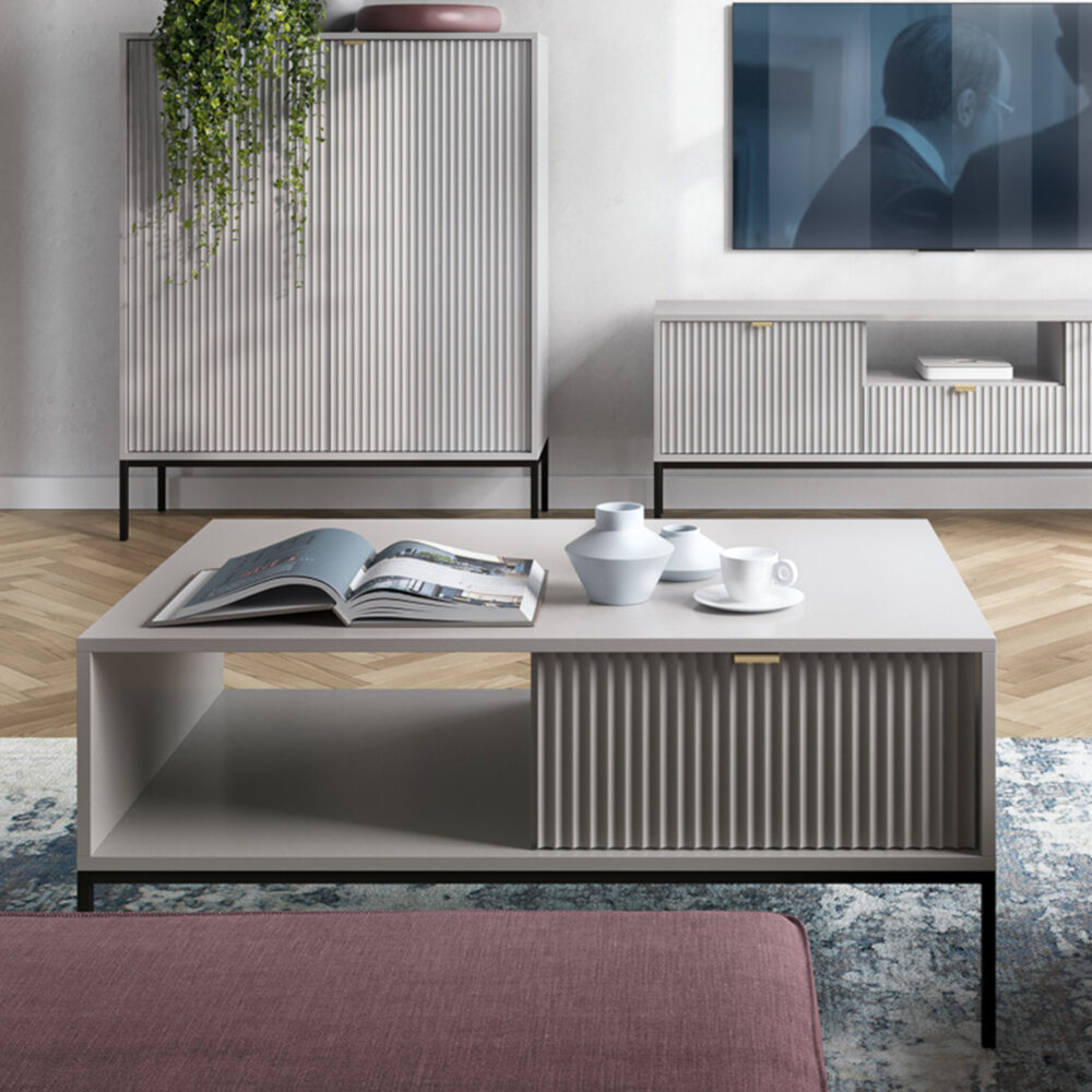 Couchtisch NANAIMO - Grau - Goldene Griffe - 1 Schublade - Breite 104 cm, Höhe 48 cm, Tiefe 68 cm – Bild 2