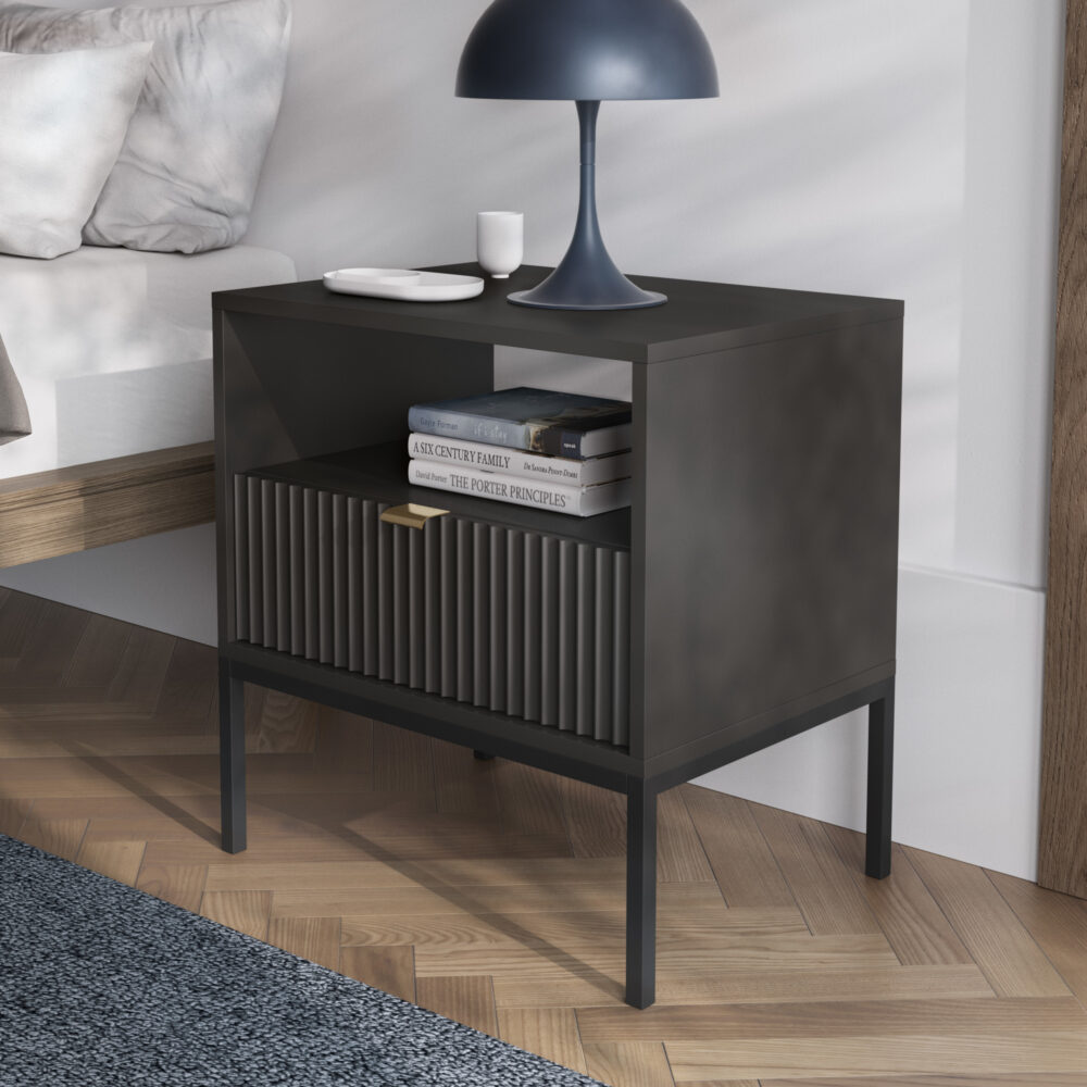 Nachttisch NANAIMO - Schwarz - Goldene Griffe - 1 Schublade - Breite 54 cm, Höhe 56 cm, Tiefe 39 cm – Bild 2