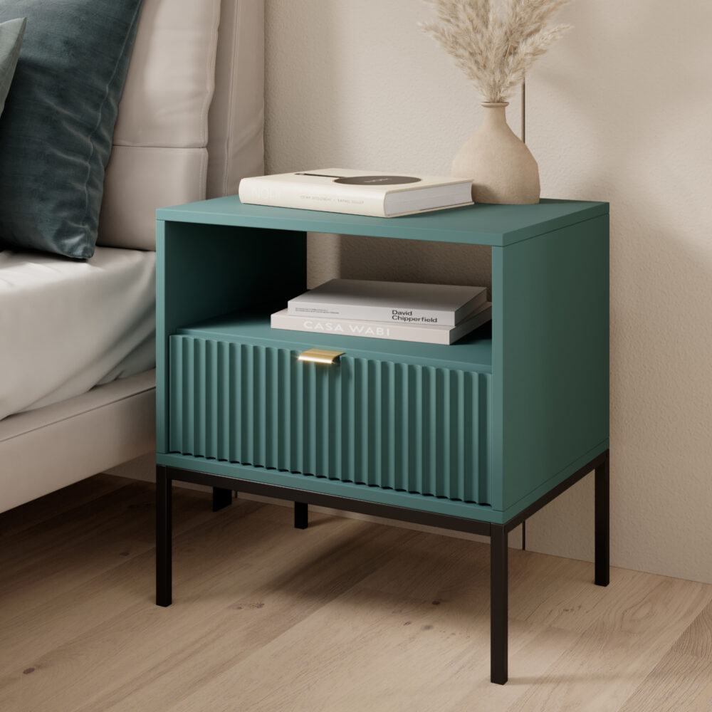 Nachttisch NANAIMO - Grün - Goldene Griffe - 1 Schublade - Breite 54 cm, Höhe 56 cm, Tiefe 39 cm – Bild 2