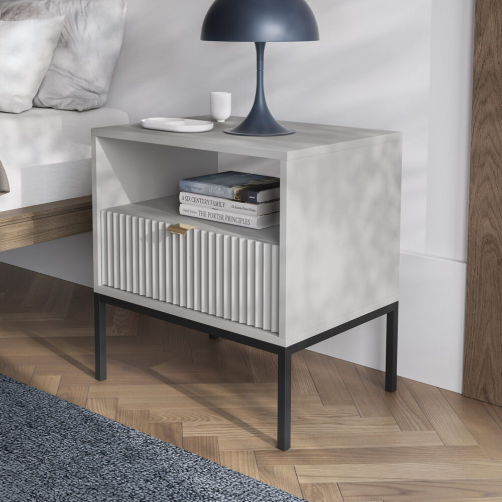 Nachttisch NANAIMO - Grau - Goldene Griffe - 1 Schublade - Breite 54 cm, Höhe 56 cm, Tiefe 39 cm – Bild 2