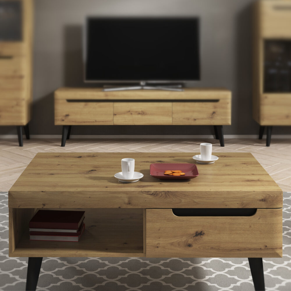 Couchtisch SUDBURRY - Eiche - Schwarze Akzente - 2 Schubladen - Breite 107 cm, Höhe 46 cm, Tiefe 67 cm – Bild 2