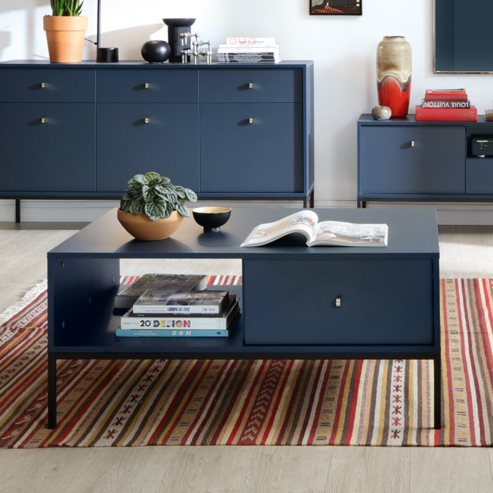 Couchtisch MONCTON - Dunkelblau - Metallgriffe - 1 Schublade - Breite 104 cm, Höhe 46 cm, Tiefe 68 cm – Bild 2