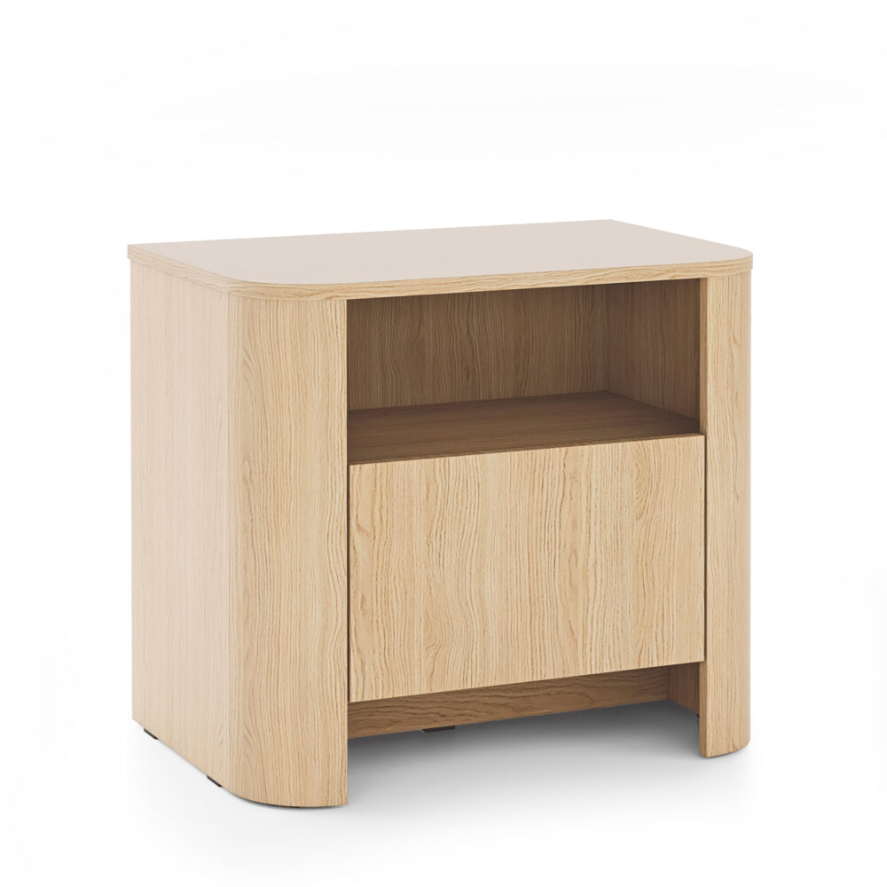 Nachttisch AMOS - Eiche - Abgerundet - Sanftes Schließen - 1 Schublade - Breite 58 cm, Höhe 52 cm, Tiefe 39 cm