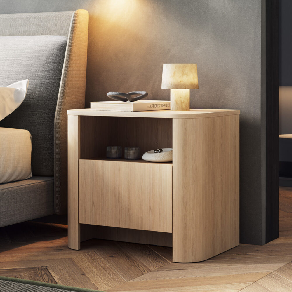 Nachttisch AMOS - Eiche - Abgerundet - Sanftes Schließen - 1 Schublade - Breite 58 cm, Höhe 52 cm, Tiefe 39 cm – Bild 2