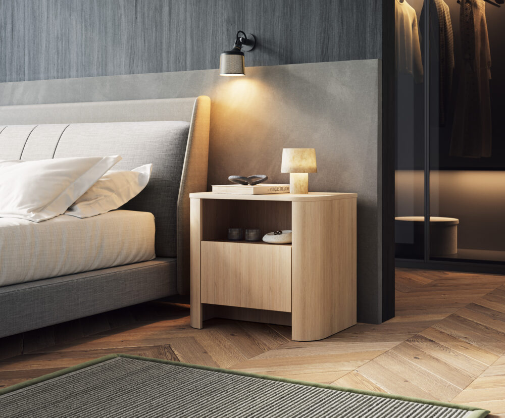 Nachttisch AMOS - Eiche - Abgerundet - Sanftes Schließen - 1 Schublade - Breite 58 cm, Höhe 52 cm, Tiefe 39 cm – Bild 6