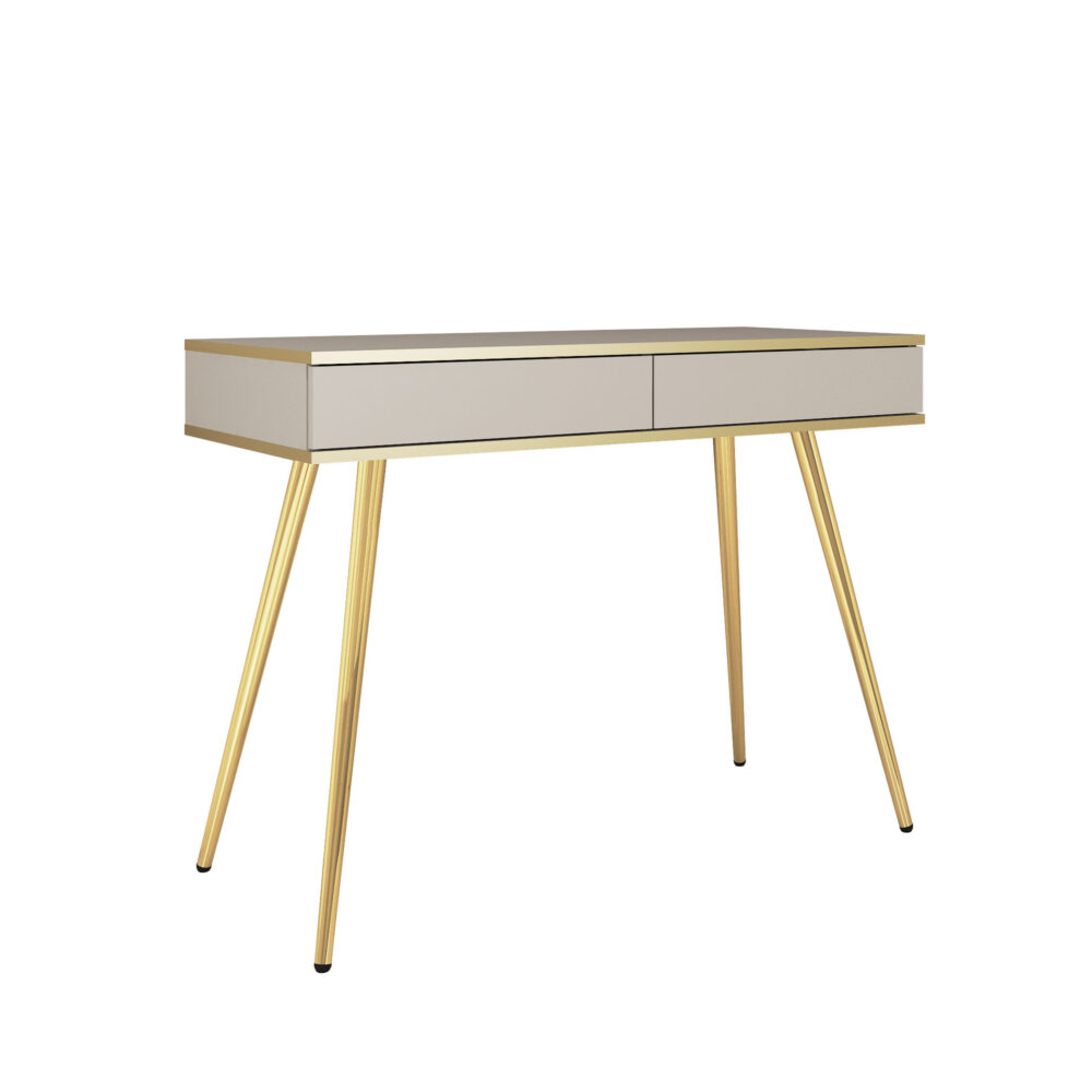 Schminktisch Banff T102 - Beige - Goldene Akzente - 2 Schubladen - Breite 102 cm, Höhe 80 cm, Tiefe 50 cm
