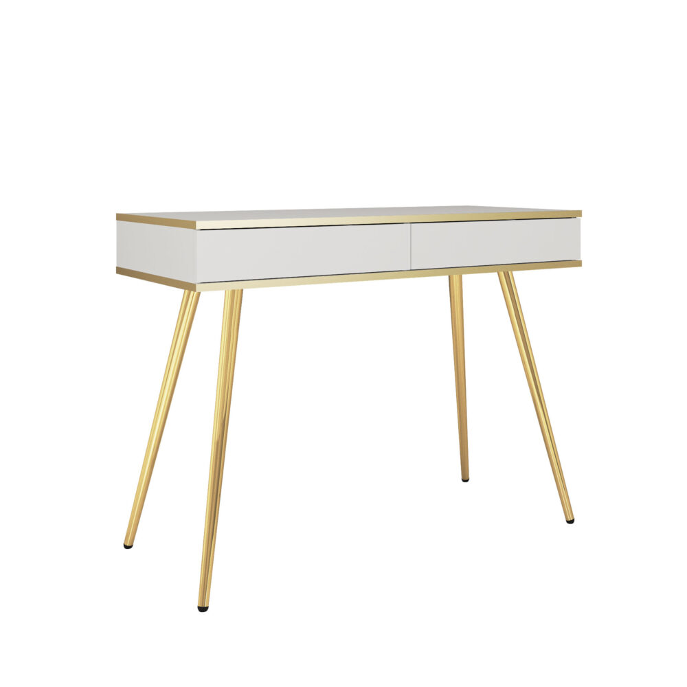 Schminktisch Banff T102 - Weiß - Goldene Akzente - 2 Schubladen - Breite 102 cm, Höhe 80 cm, Tiefe 50 cm – Bild 1