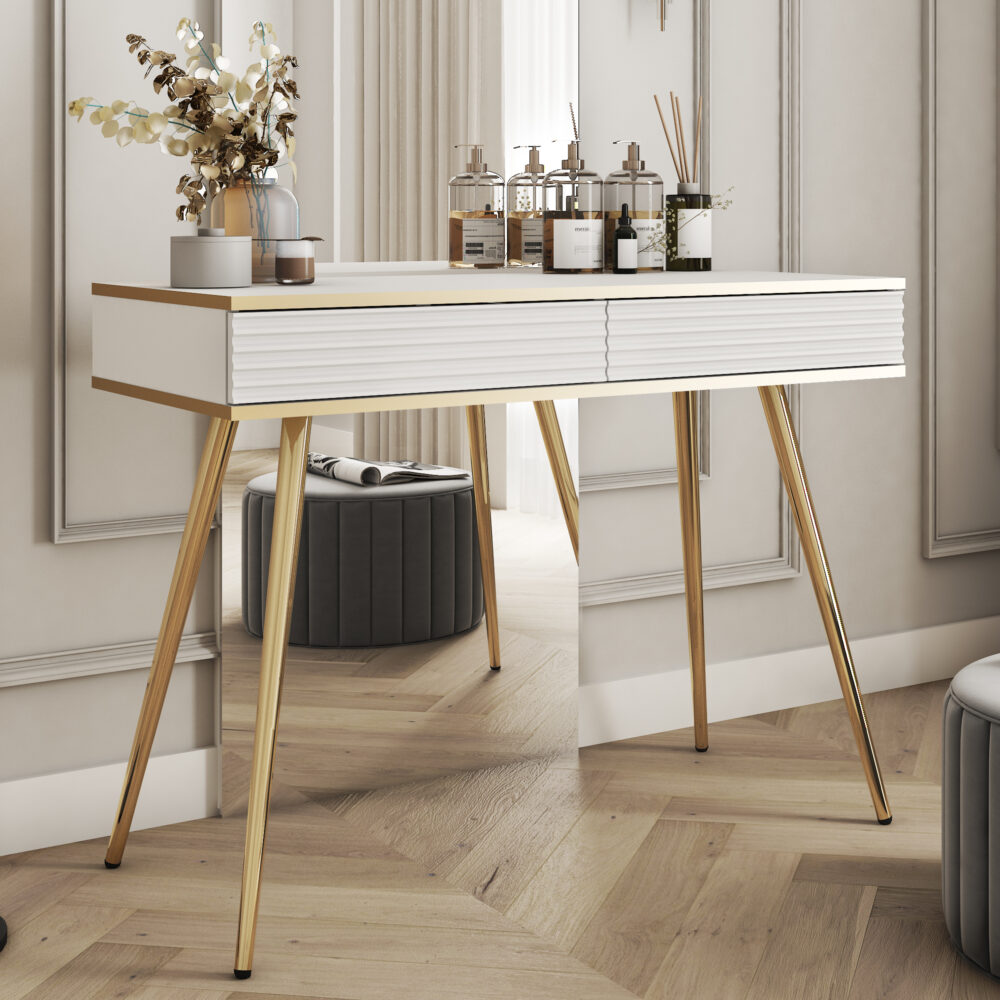 Schminktisch Banff T102 MDF - Weiß - Geriffelte Fronten - 2 Schubladen - Breite 102 cm, Höhe 80 cm, Tiefe 50 cm – Bild 2