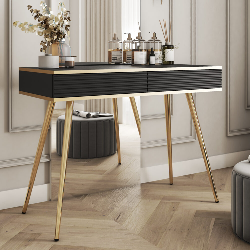 Schminktisch Banff T102 MDF - Schwarz - Geriffelte Fronten - 2 Schubladen - Breite 102 cm, Höhe 80 cm, Tiefe 50 cm – Bild 2